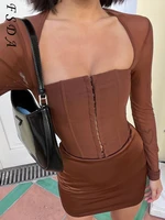 fsda 2021 autumn winter mesh corset crop top women brown y2k long sleeve t shirts sexy casual vintage fashion