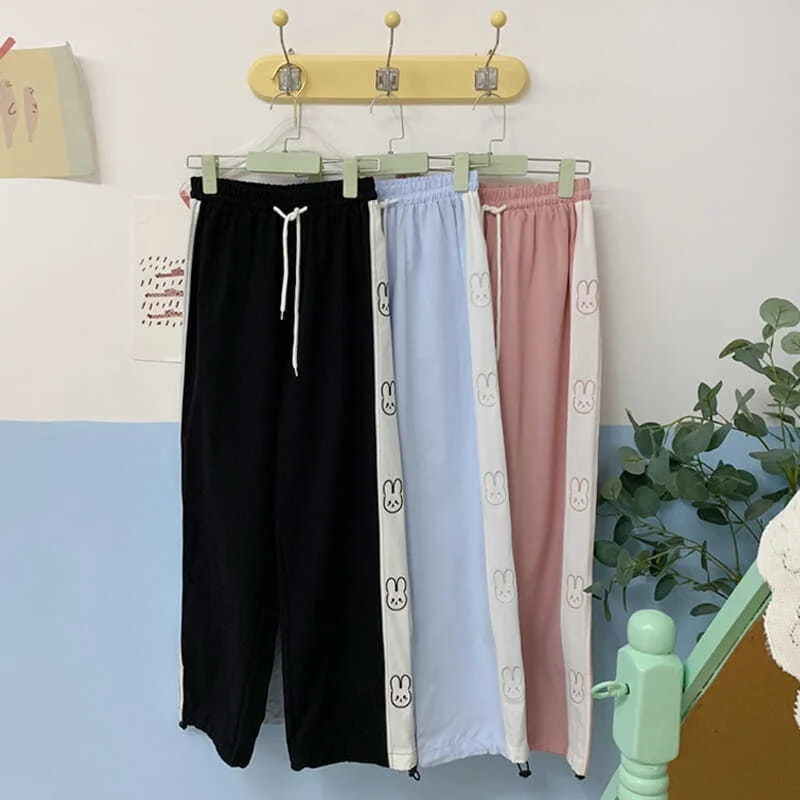 

Fashion Kawaii Wide Leg Pant Spring Fashion 2021 Rabbit Print Trousers Women Korean High Waist Pink Cute Casual Pants Women