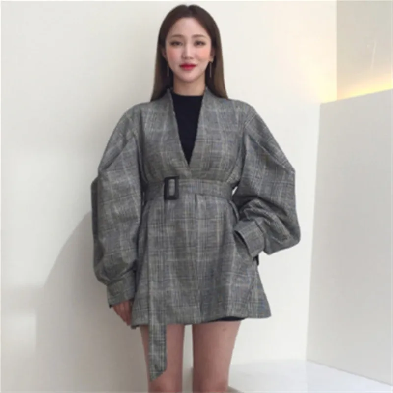 

Classic Plaid Black Woolen Jacket Women Fall Winter Casual V-neck Puff Sleeve Coats Female Fashion Belt Slim Waist OL Overcoats