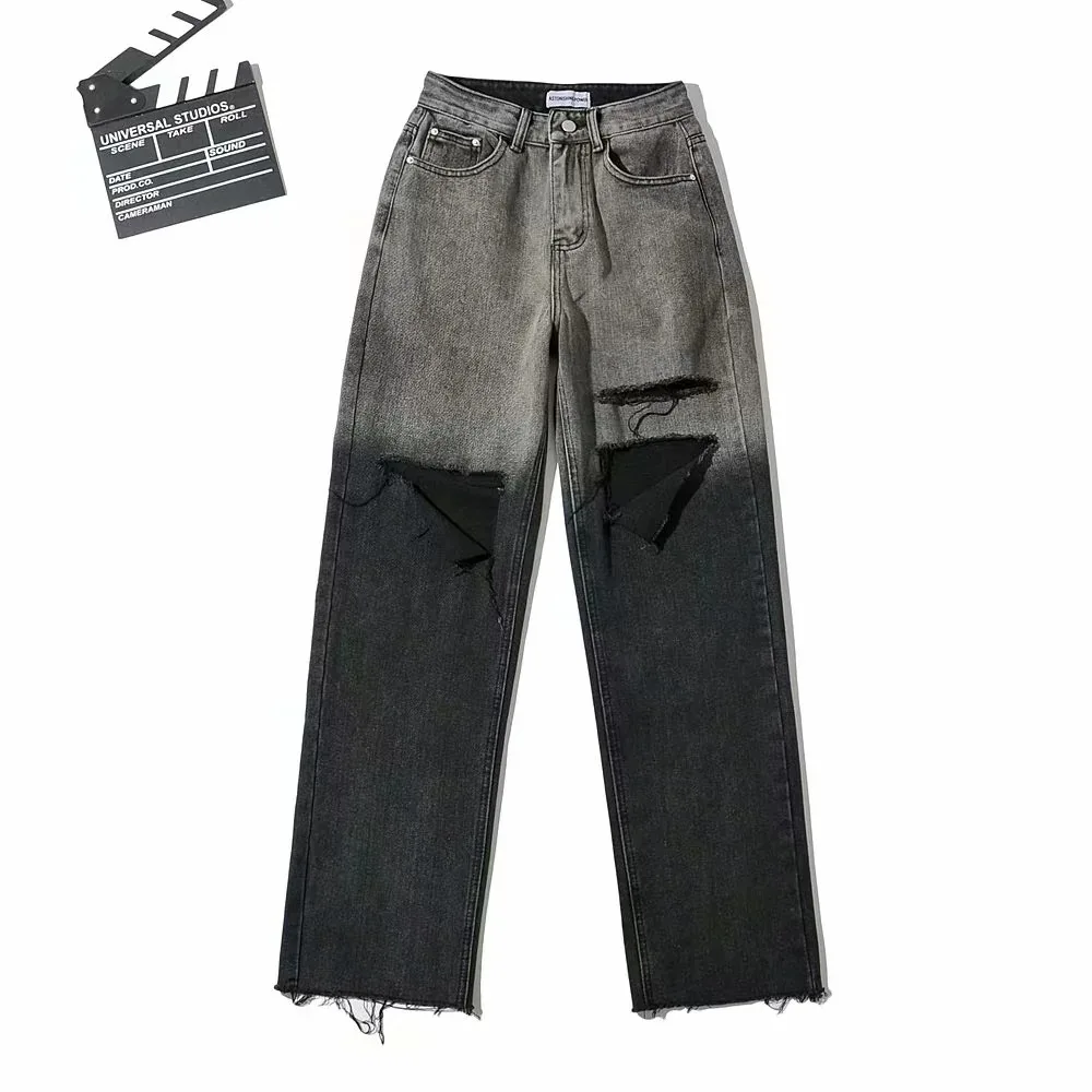 

TVVOVVIN 2021 Spring New Personality Wide Leg Jeans Female High Waist Hole Loose Gradient Distressed Denim Trouser 6VUN