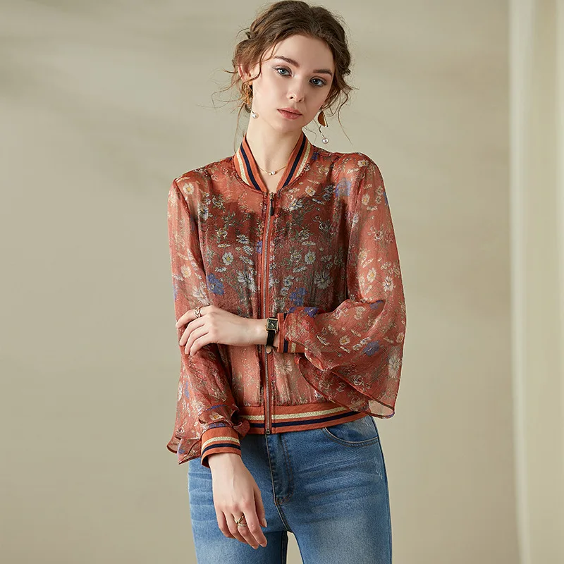 

Tops Women 2020 Spring Summer New Fashion Floral Print Long Sleeve Zipper Blouse Sun Protection Clothes Orange Green Female