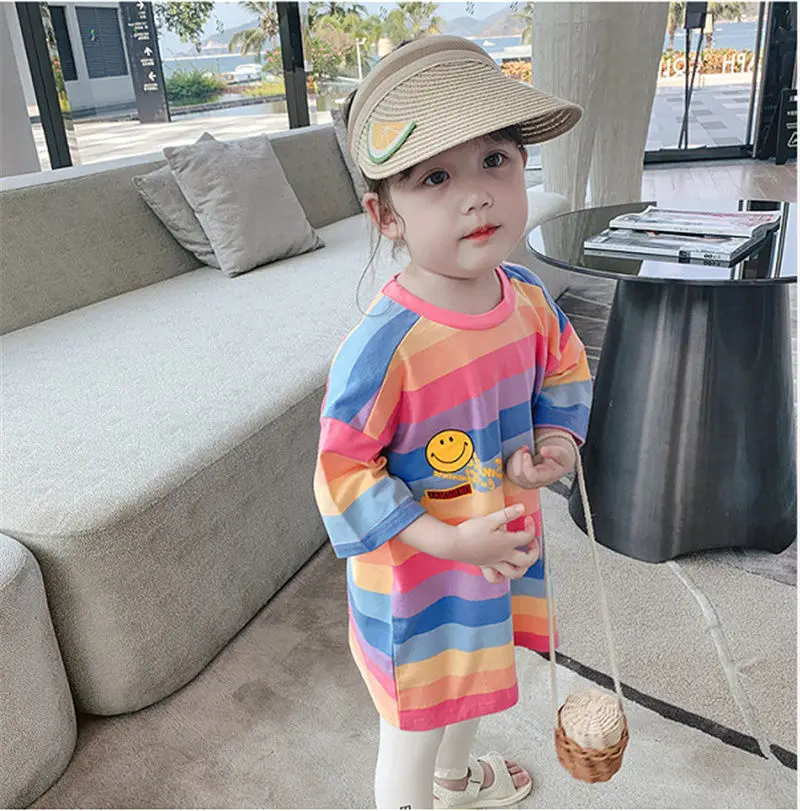

VIDMID Summer new children's dress girls stripe rainbow cotton short sleeve T-shirts children's baby girls dress tops P5124