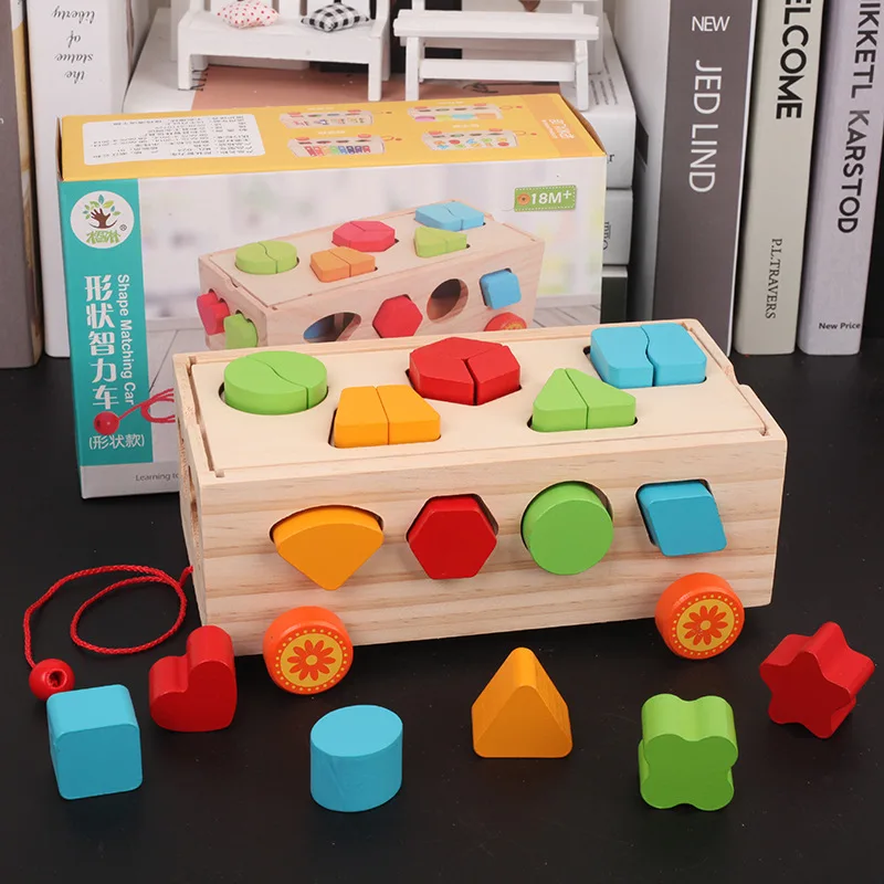 

Baby Block Match Learning Educational Wood Toy 17 Holes Geometry / Digital Shape Intelligence Box Trailer Early Learn Cube Game