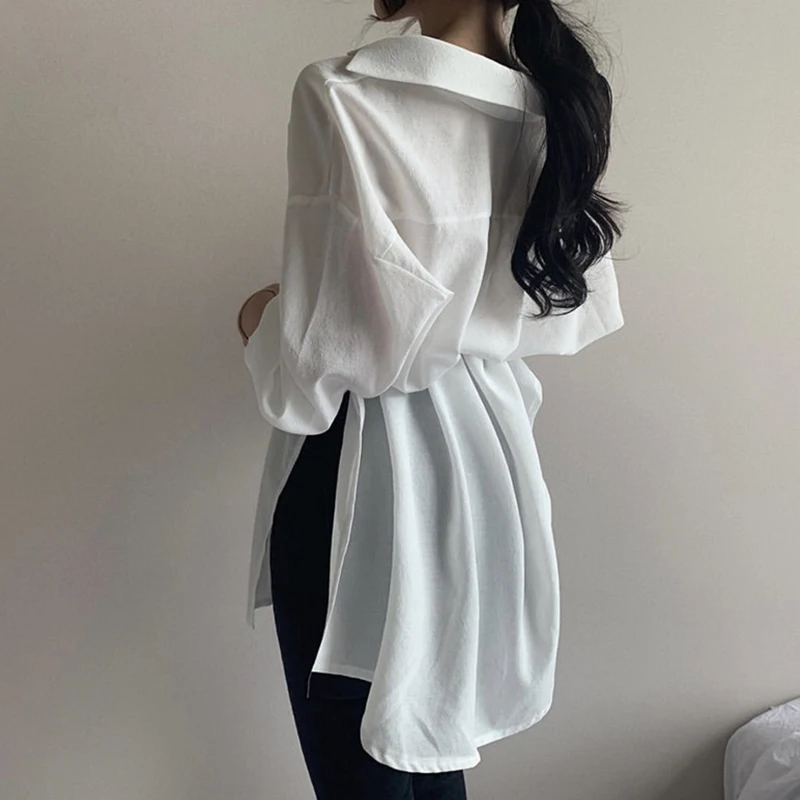 

Hot sale 2020 Autumn New women blouses korea lapel up down fashion Casual white Loose Slim button simple Solid shirt