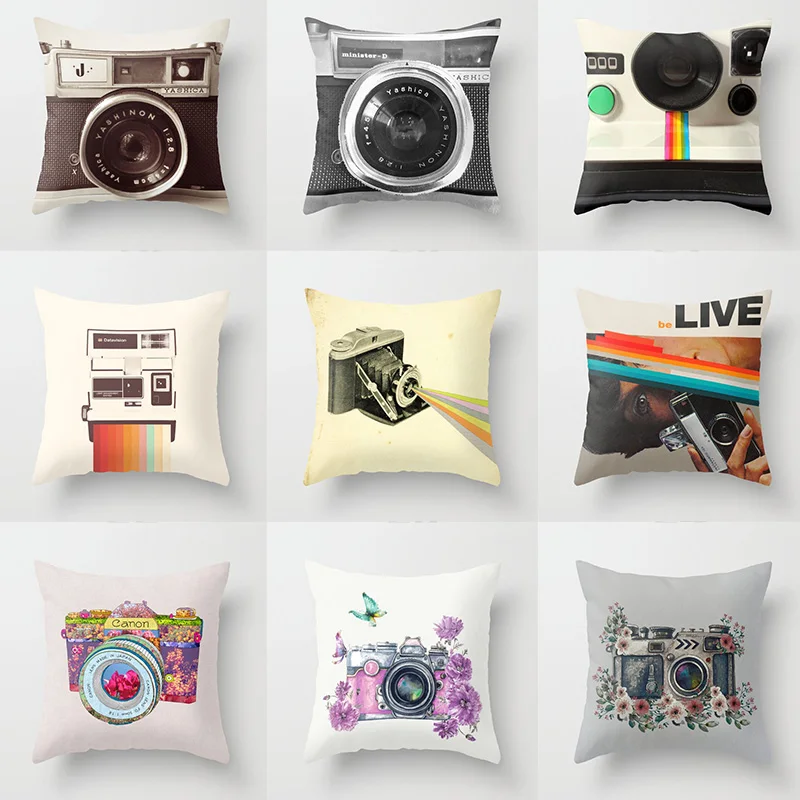 

Retro Camera Throw Pillow Case Vintage Instagram Cushion Covers for Home Sofa Chair Decorative Pillowcases