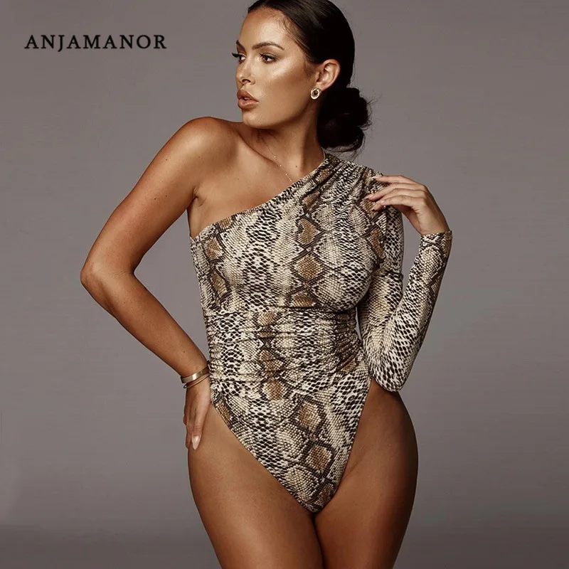 ANJAMANOR облегающее боди со змеиным принтом, с открытой спиной, на одно плечо, с длинным рукавом, женское цельное боди, женские Клубные топы, зима D83-AZ03
