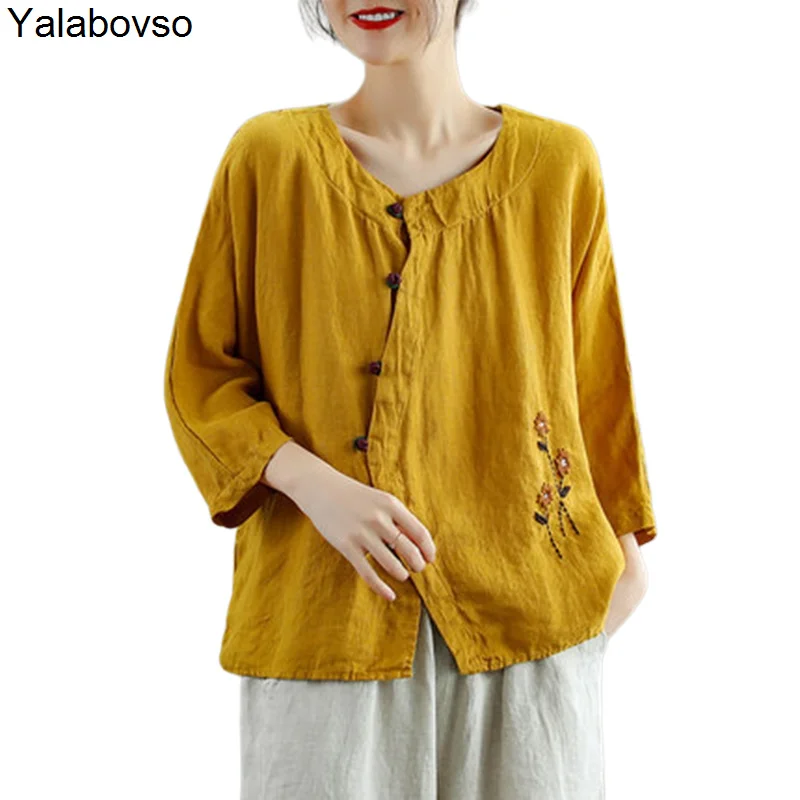 

Round Neck Loose Slant Calf Sleeve Ladies Blouse Summer 2021 Fashion Retro Vintage Button Linen Embroidered Shirts Women's Art