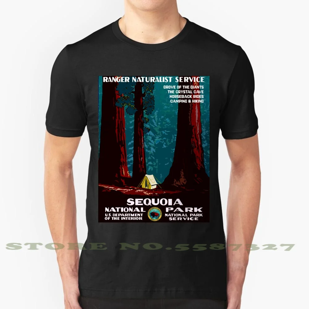 Винтажная Футболка Wpa для кемпинга в национальном парке Sequoia черная белая