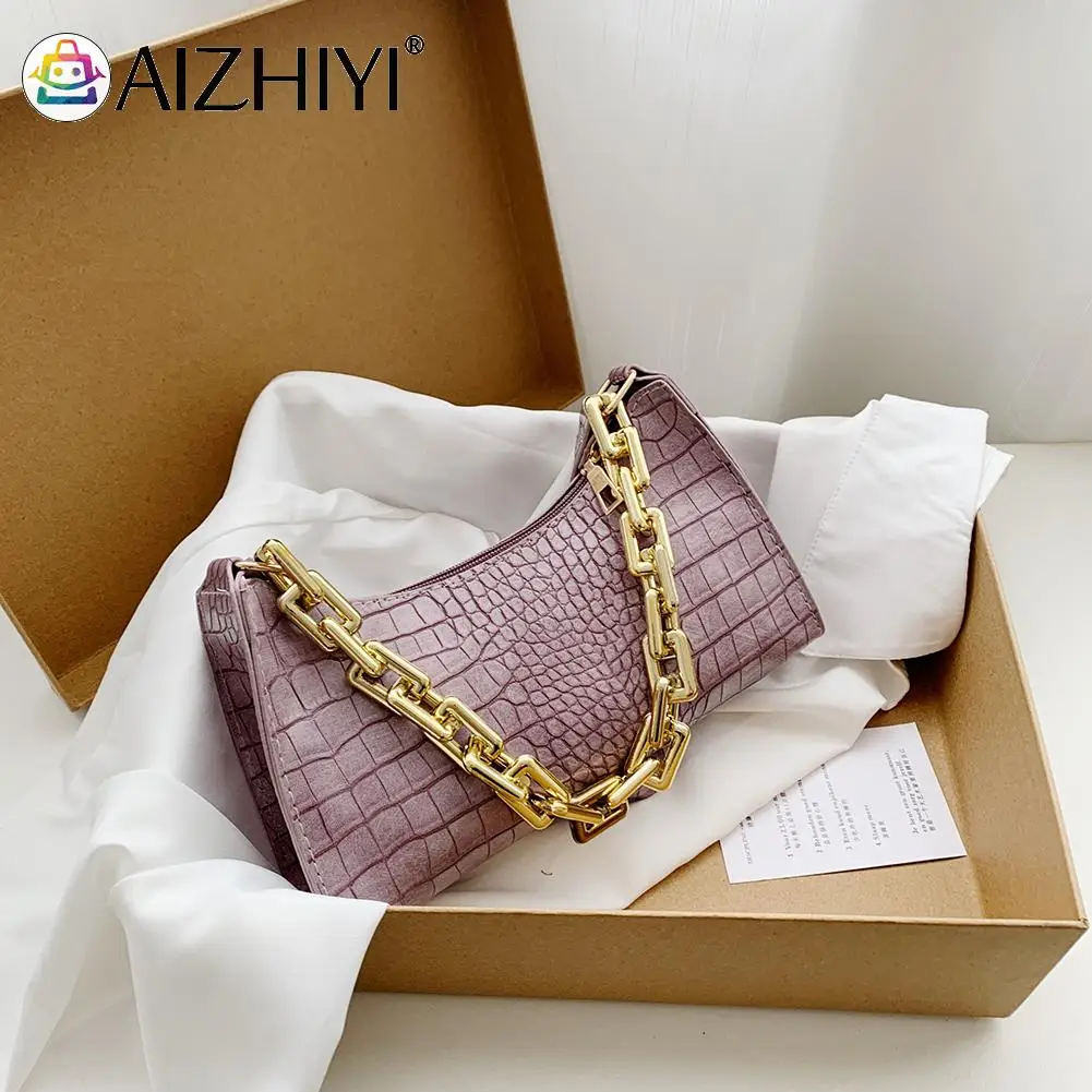 

Vintage Women Alligator Pattern Thick Chain Pure Color Shoulder Underarm Bag Casual Ladies Small Hobos Handbag Purse