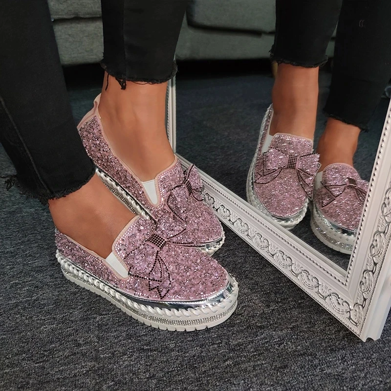 

New Pink Women Shining Rhinestone Loafers Bowknot Slip-on Thick Botton Casual Ladies Crystal Shoes Female Platform Shoes