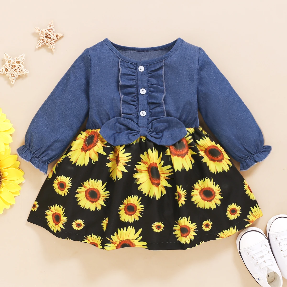 

Ecavus Spring and Autumn New Girl Long-sleeved Skirt Little Girl Print Stitching Cotton Casual Fashion Denim Long-sleeved Dress