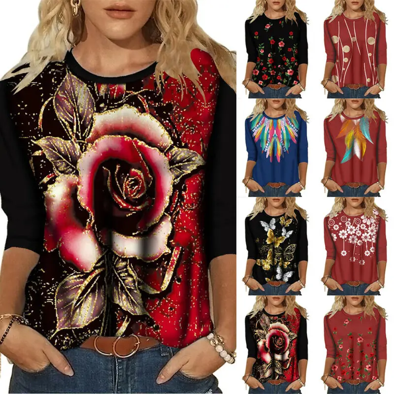 

Женский пуловер с длинным рукавом, с цветочным принтом, Повседневная футболка с круглым вырезом, лето 2021