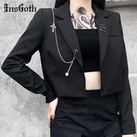 insgoth women punk gothic black blazer harajuku streetwear metal chain patchwork suit office ladies commute short coat