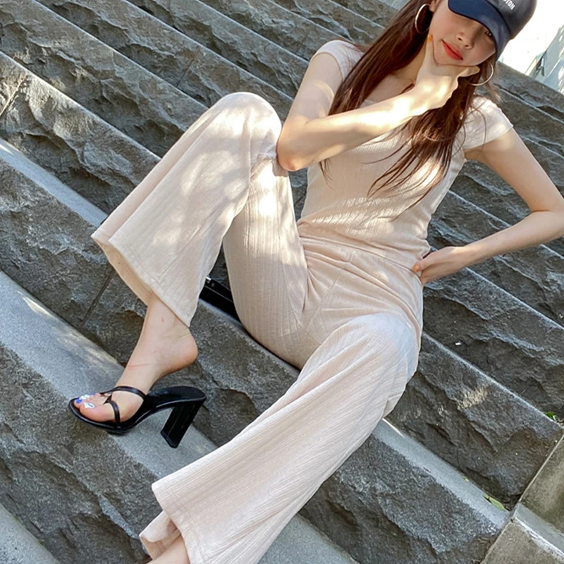 

2020 Summer Casual 2 Piece Set Women Two Pieces Set Short Sleeve Slim Blouse Crop Top+Flare Pants Suit Women Elegant Outfits