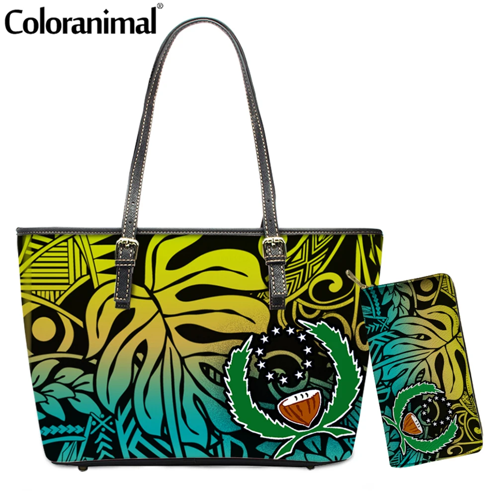 

Coloranimal Vintage Chuuk Polynesian Black Tribal Printed Ladies Handbag Hot 2Set Shoulder Bag&Wallet for Women Leather Tote Bag