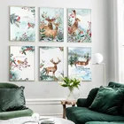 Рождественский Снежный пейзаж, силуэты животных, лось, птица и цветы, Картина на холсте, настенные картины, постеры, украшение для гостиной