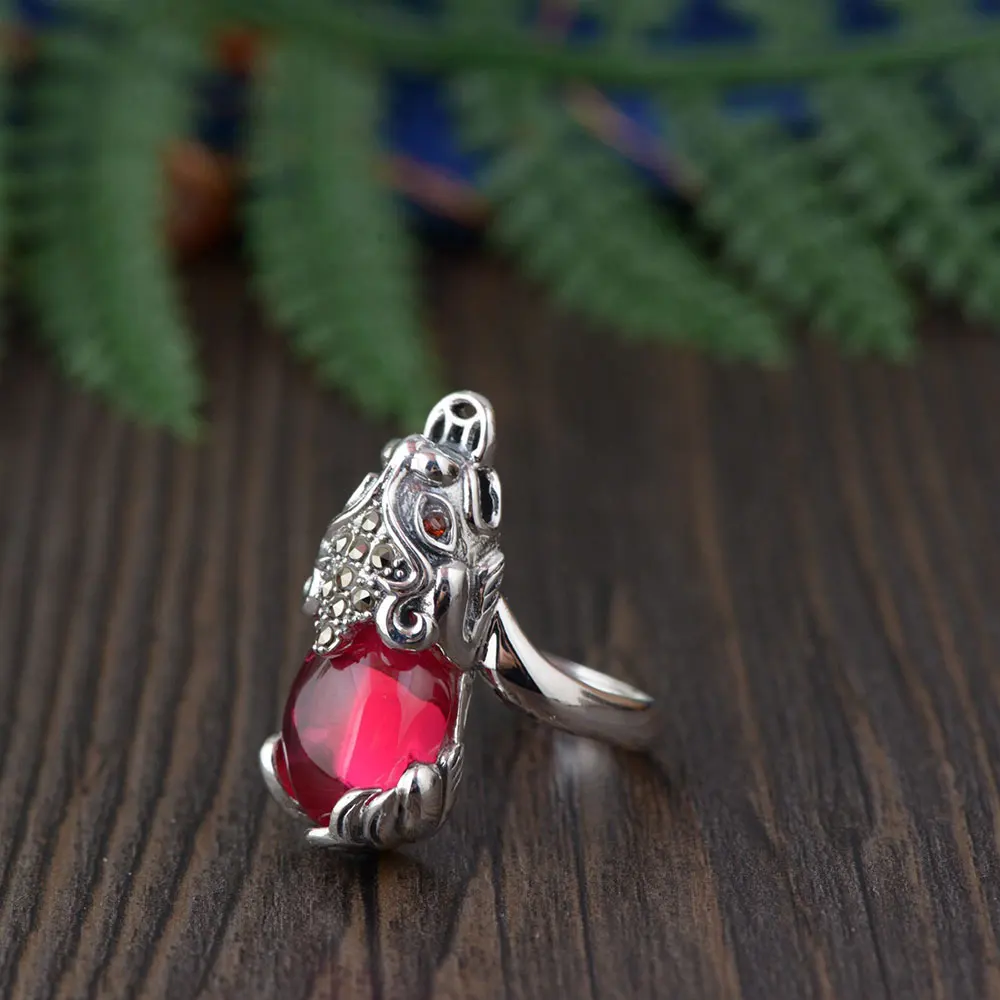 

FNJ 925 Silver Ring for Women Jewelry 100% Original Pure S925 Silver Sterling Ring Animal Good Luck Pixiu Rose corundum