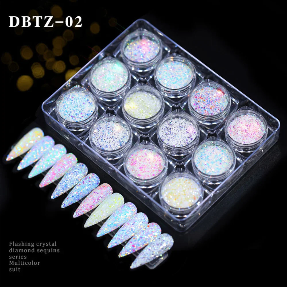 

12Boxes/Set Nail Glitter Diamond Colorful Holographics Powder Shiny Sparkles Nail Art Sequins Pigment Flakes Dust 3D Decoration