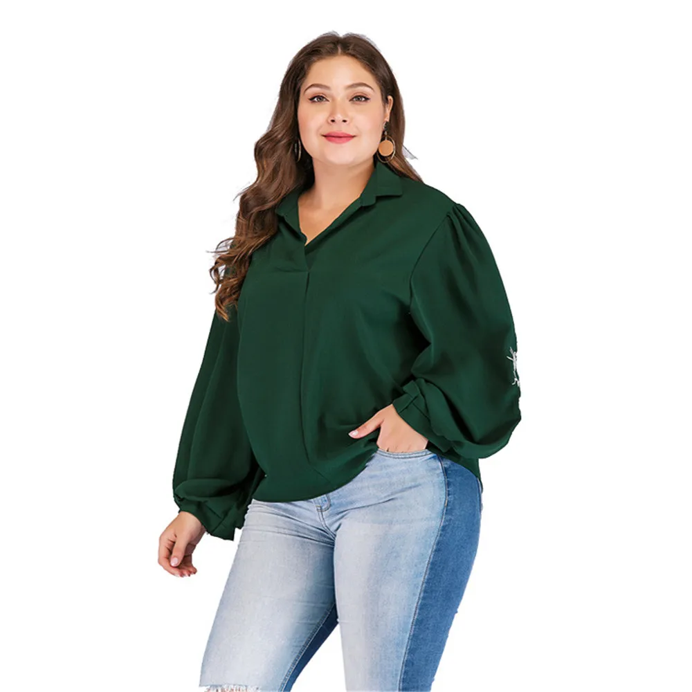 Женский топ с цветочной вышивкой и отложным воротником батальных