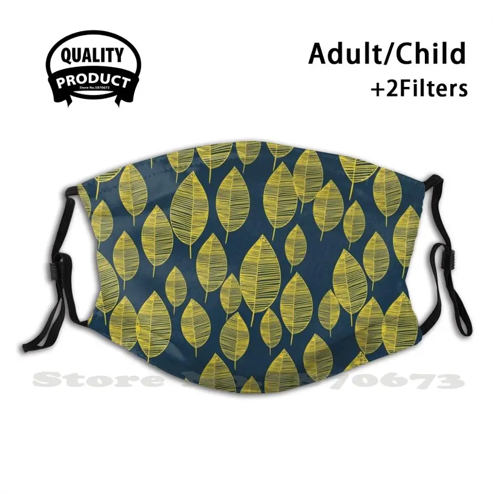 

Yellow Leaves Reusable Mouth Mask Washable Filter Anti Dust Face Masks Yellow Navy Bold Simple Leaf Hand Drawn Line Drawing