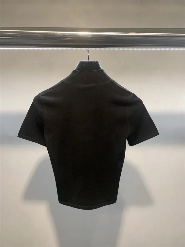 

New Classic Trendy Brand Luxury Design Letters Logo Summer Embroidery Slim Women Knit Sweater Short Sleeve T-Shirt Top A2