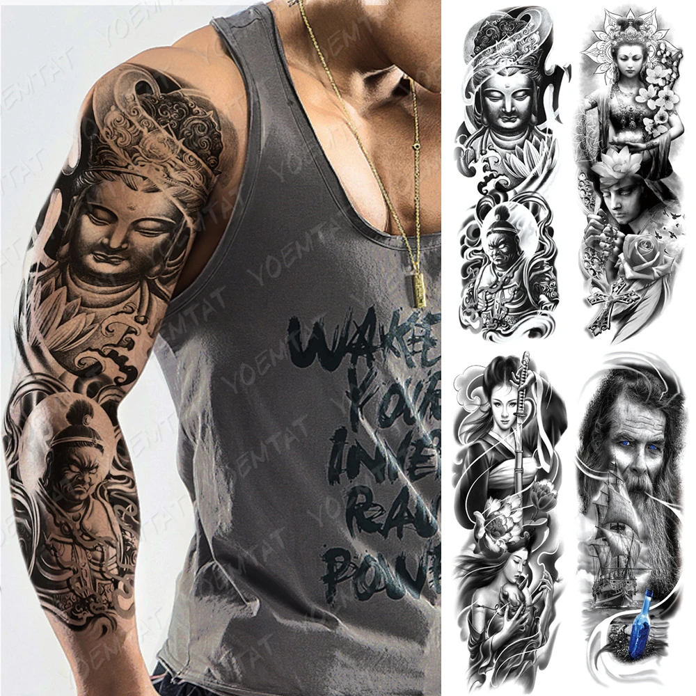 

Large Arm Sleeve Tattoo Buddha Shakyamuni Waterproof Temporary Tatto Sticker Geisha Lotus Body Art Full Fake Tatoo Women Men