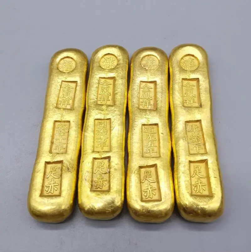 

China brass Fu Lu Shou xi Imitate Gold bars crafts statue A set