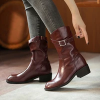 fashion women shoes knight boots thick heels women mid calf boots winter cow leather casual short boots women chunky boots