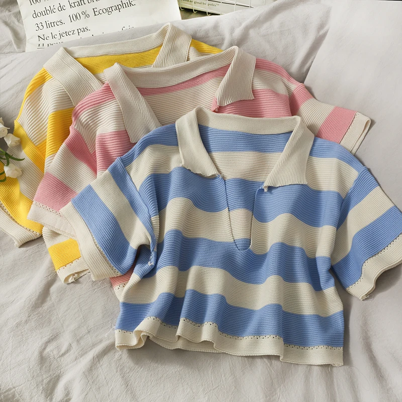 

Women Fashion Slim Bodycon V-neck Patchwork Stripe Knitted Blouse Lady Sweet Casual Outdoor Top Girls Elegant Daily Basic Shirt