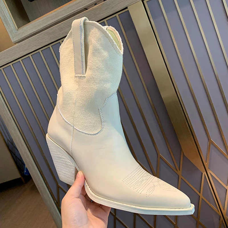 

White Real Leather Ankle Boots Women Pointed Toe Embroidery Strange High Heel Boots Female Retro Western Boots