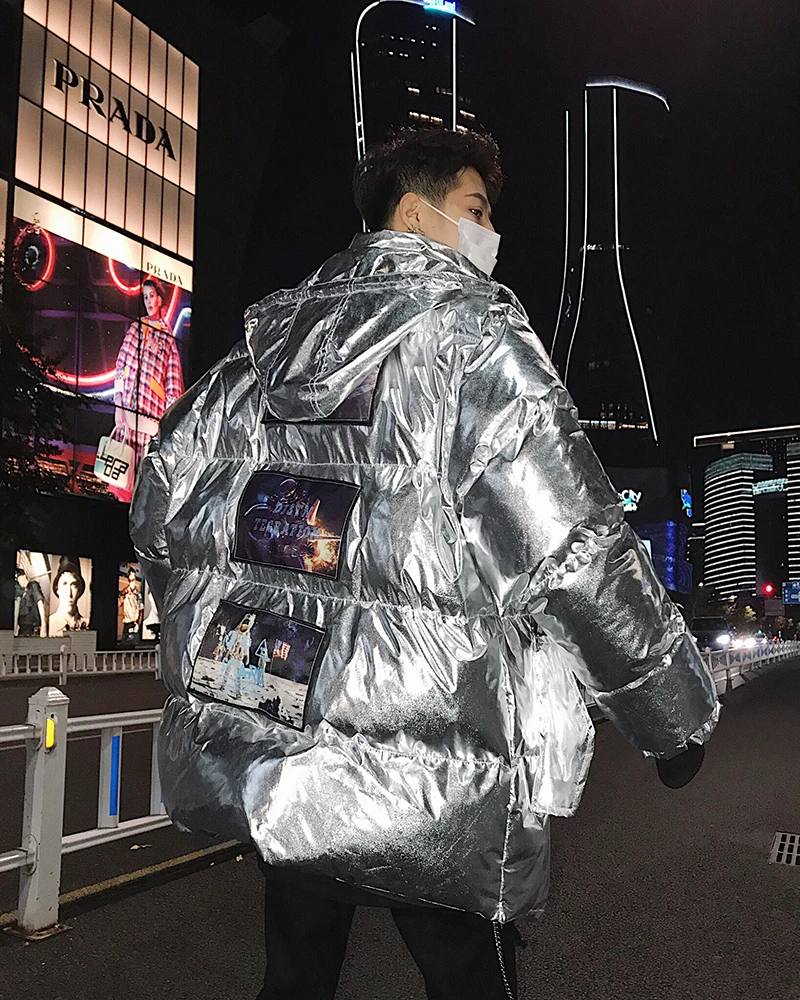 Яркая Цветная куртка с рисунком Мужская Серебристая зимняя парка капюшоном