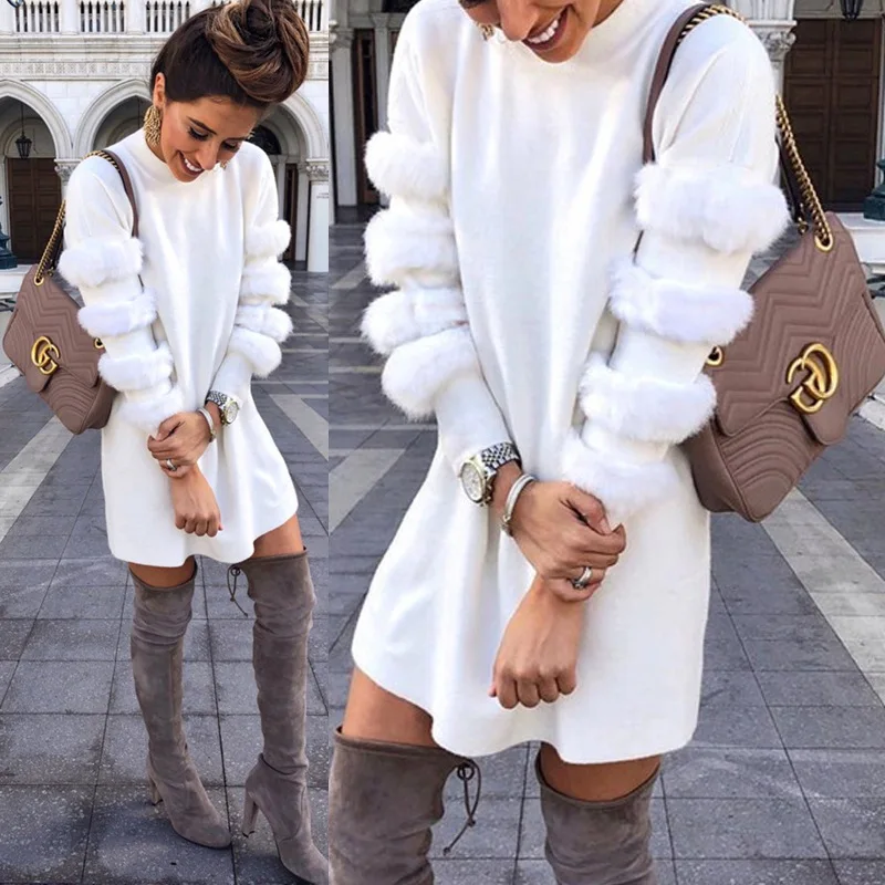 Лидер продаж модное махровое женское платье с длинными рукавами и круглым