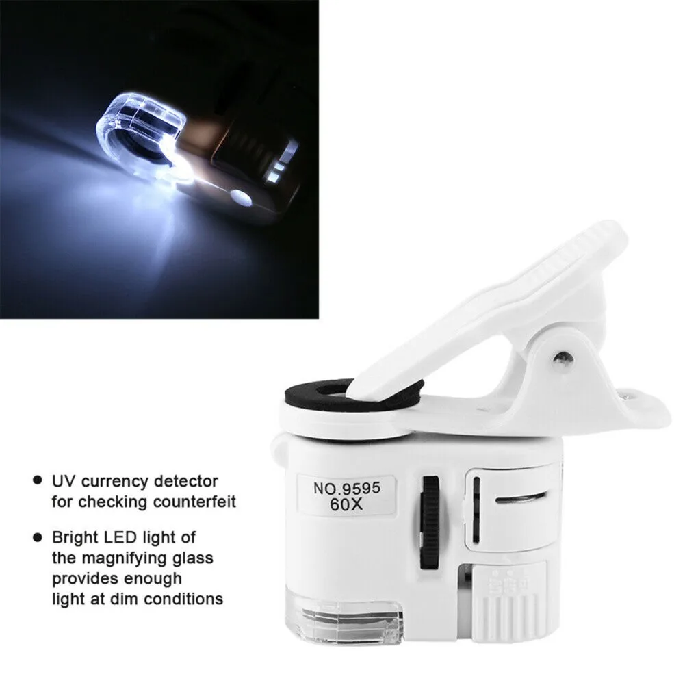 

9595W 60X Power Microscope And UV Currency Detector Magnifying Glass LED Light Mini Mobile Phone Clip Microscope