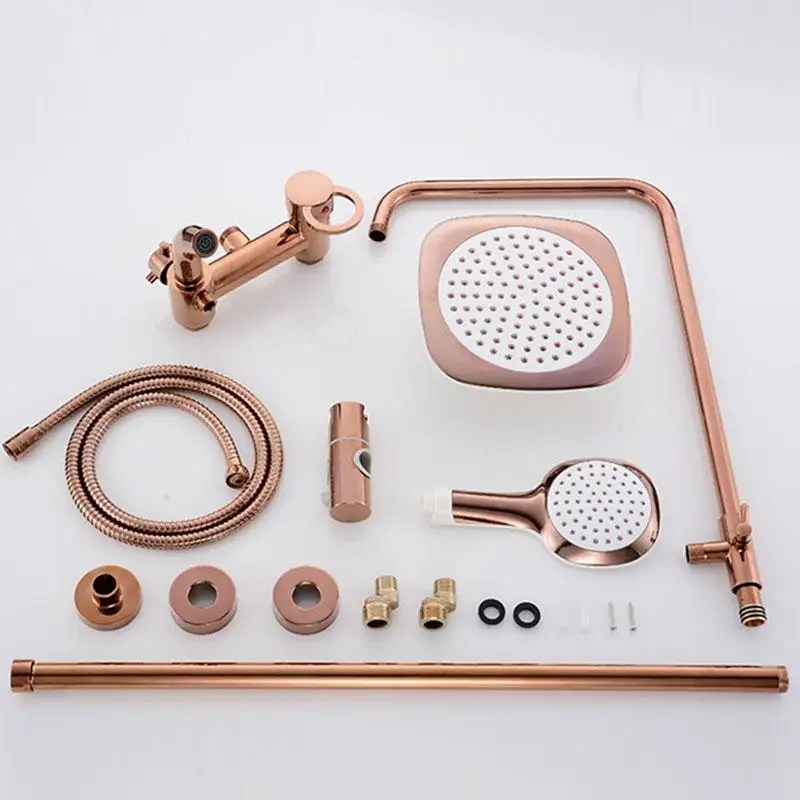 

Bathroom brass rose gold shower set system wall mounted 8" rainfall shower mixer taps 3 functions single handle