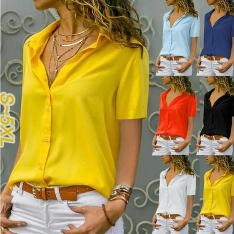 

Women White Blouses Basic Selling Button Solid 2020 summer Long Sleeve Shirt Female Chiffon Women's Slim Clothing Plus Size Tops