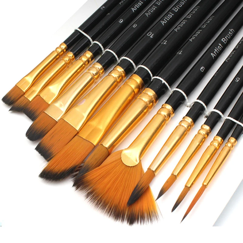 Кисть нейлоновая для рисования маслом гуаши и акварели 12 шт. | Канцтовары офиса