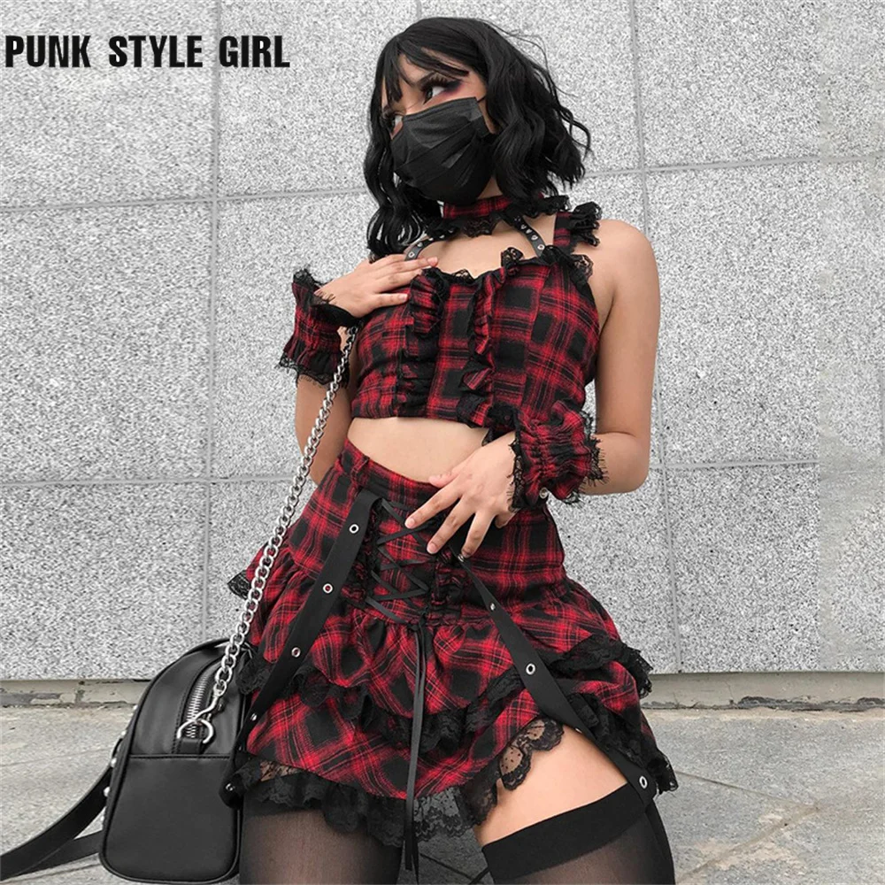 

Y2K Cyber Emo Alt 2PCS Goth Grunge Red Pleated SKirt Suit Women E Girl Lace Up Gothic Skirt Two Two Pieces Kawaii Lolita Skirts