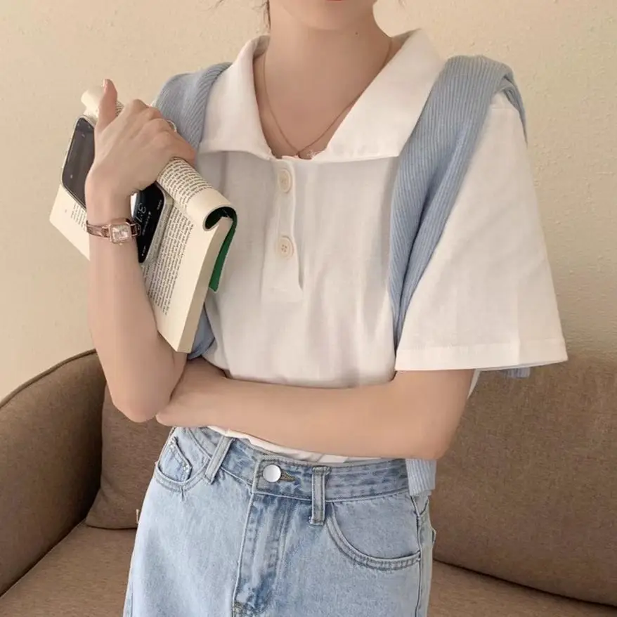 

Alien Kitty 2021 Chic Tops Lapel Loose Tee 6 Colors Knitwear All Match Shorts Sleeves Hot Knitted Fashion Summer Casual T-shirts