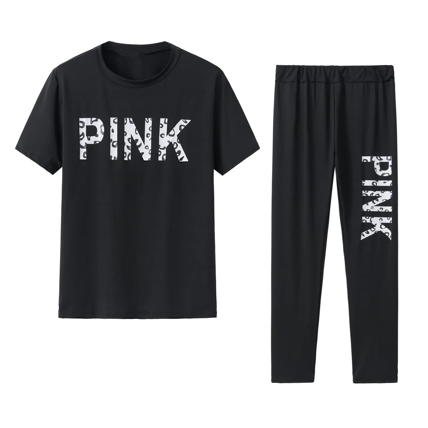 Women Letter Print Two Piece Set 2 Pink Outfits 2020 T-shirt Tops+Bodycon Long Pants Joggers Casual Sportswear Tracksuit |