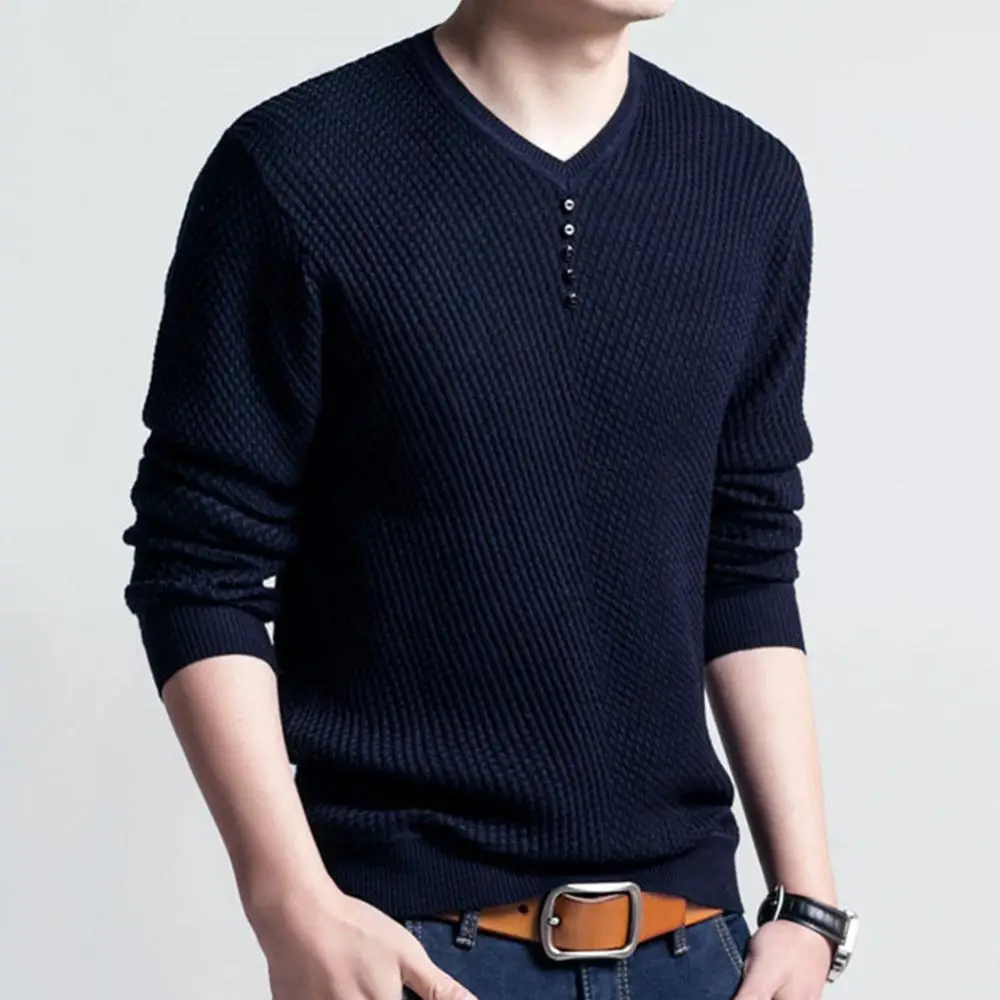 

Chic Men Solid Color V Neck Long Sleeve Pullover Slim Fit Knitted Sweater Blouse