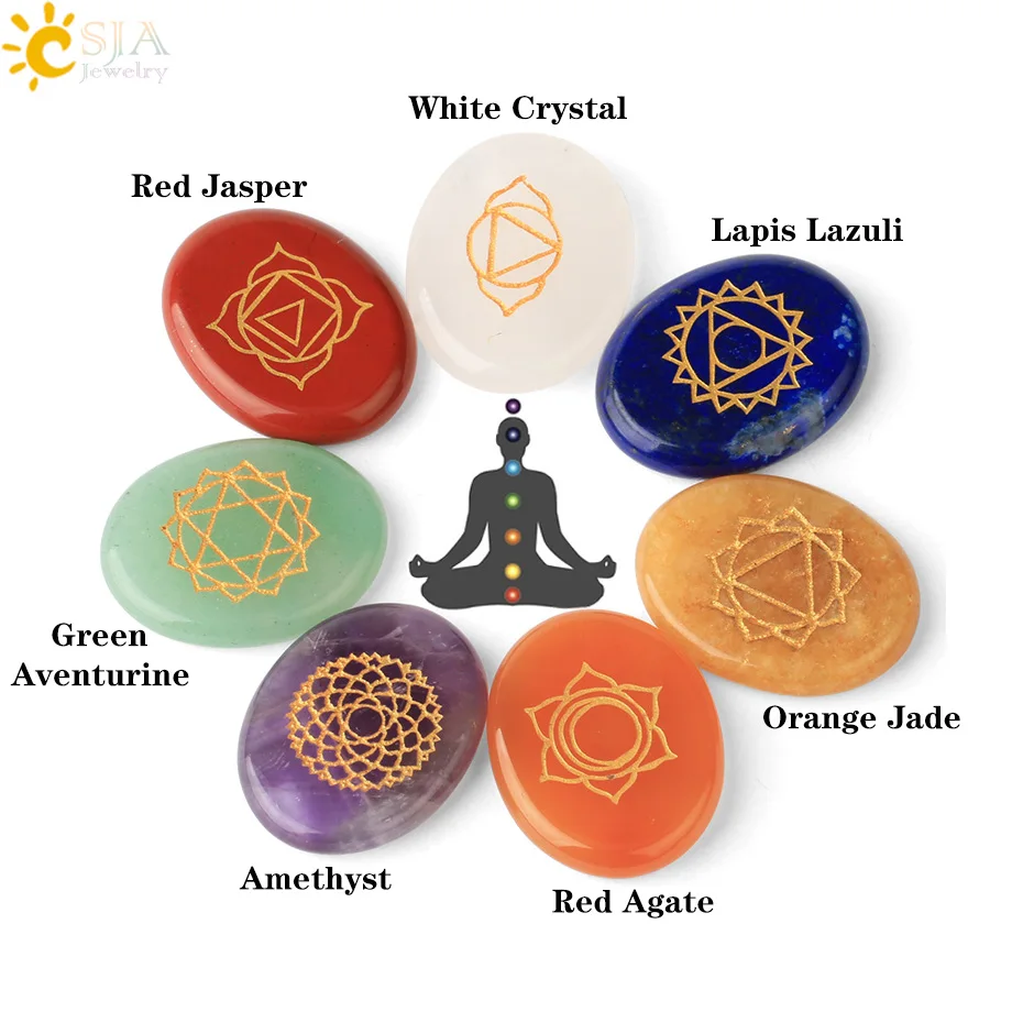 CSJA Исцеление 7 символ чакры гравировка набор 100% натуральные драгоценные камни