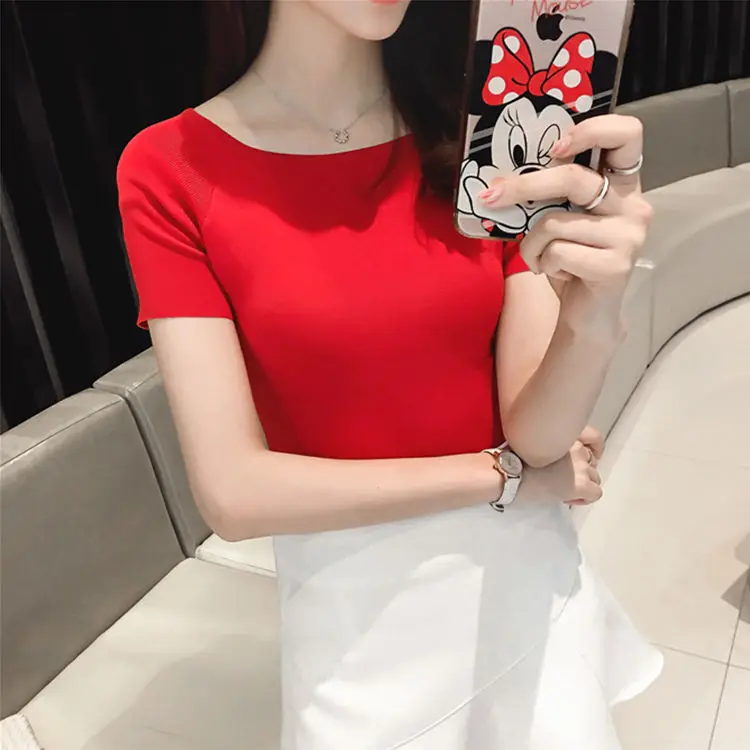 Summer Basic Woman Tshirts Black Korean Tops Women Off shoulder T Shirt Knitted Short Sleeve Female Clothes Fashion White Red