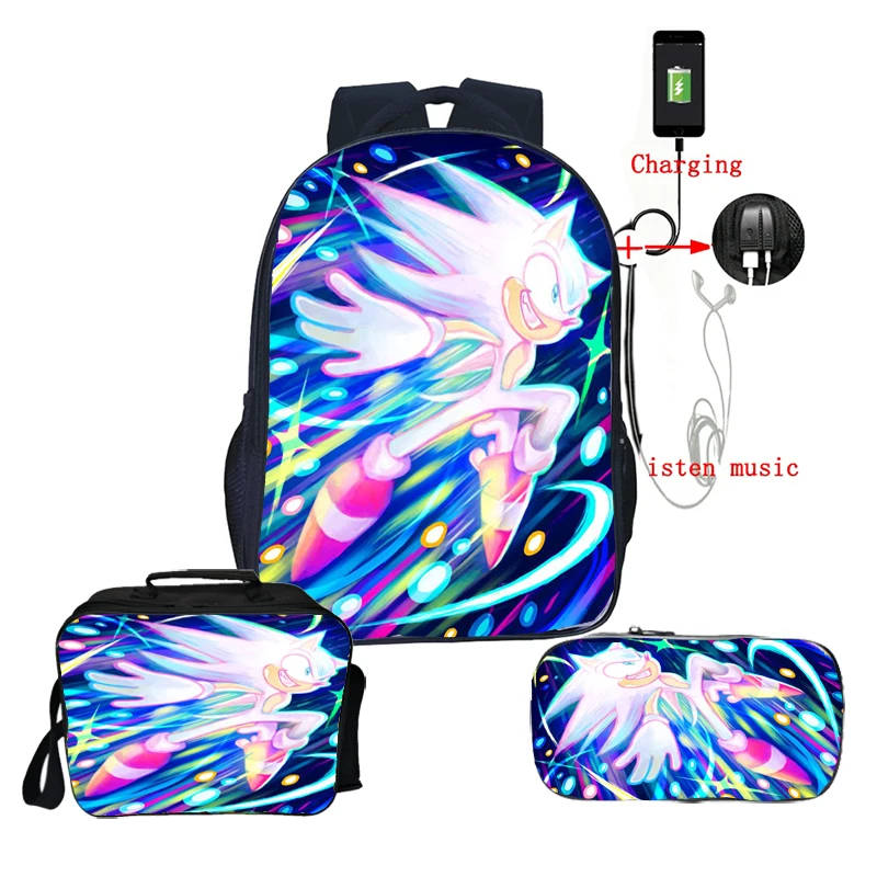 

Sonic Backpack with Pen Bag 3pcs Set Boy Girl Cartoon Anime School Bag Teenager Bookbag Student Back to School Gift