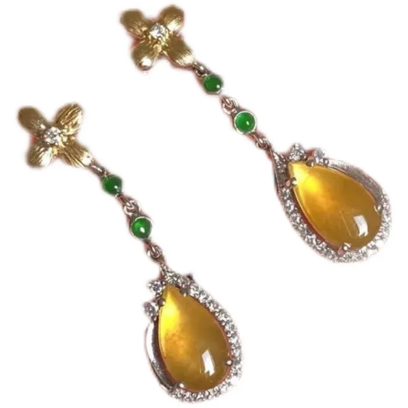 

High Ice Transparent Chalcedony Fluorescent Yellow Jadeite Eardrop Earring Women's S925 Sterling Silver Inlaid Water Drop