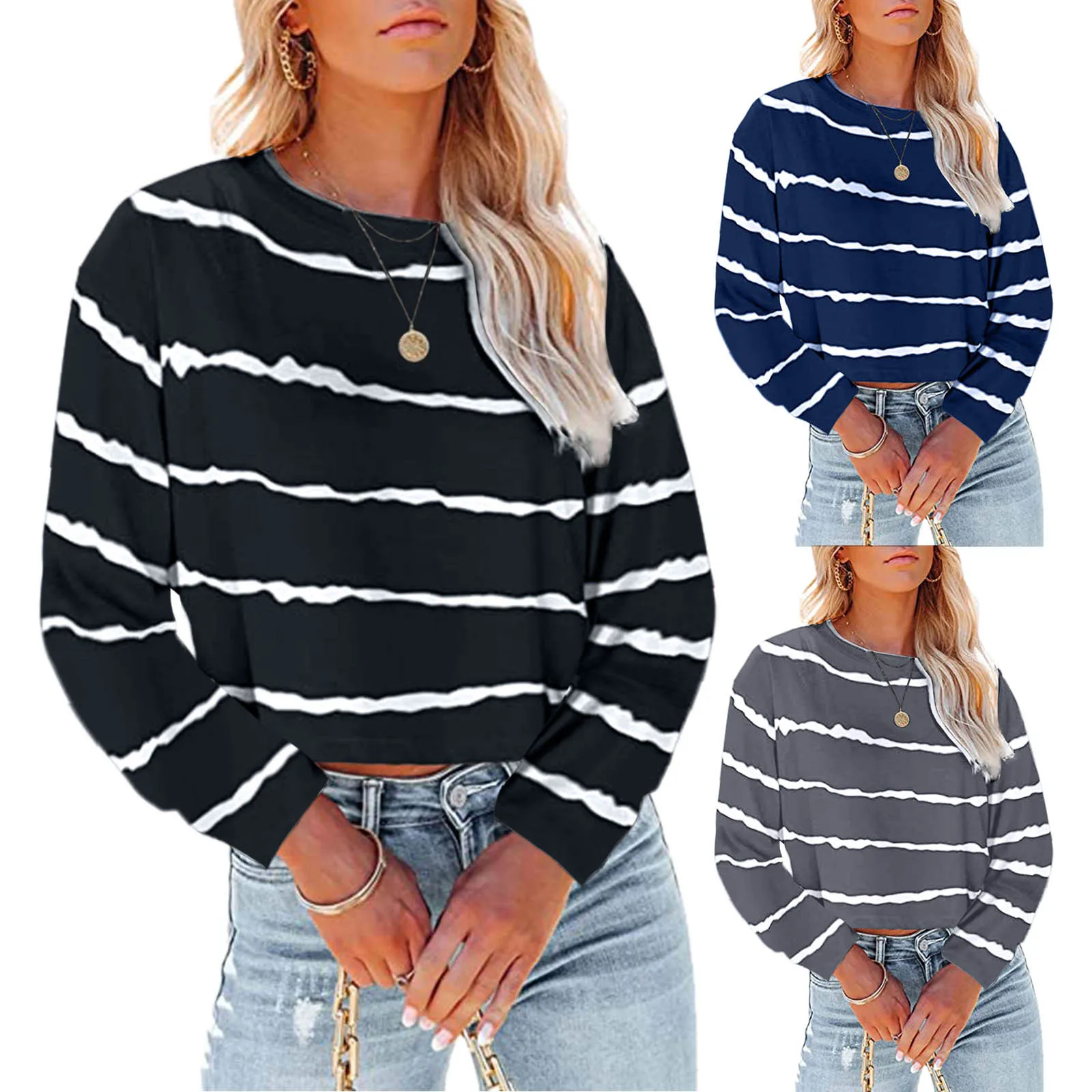 

Autumn Fashion Blouses Women's Stripe Long-sleeved Print Blouses Short Casual Tops O Neck Blouses Harajuku Style Pullover 2021