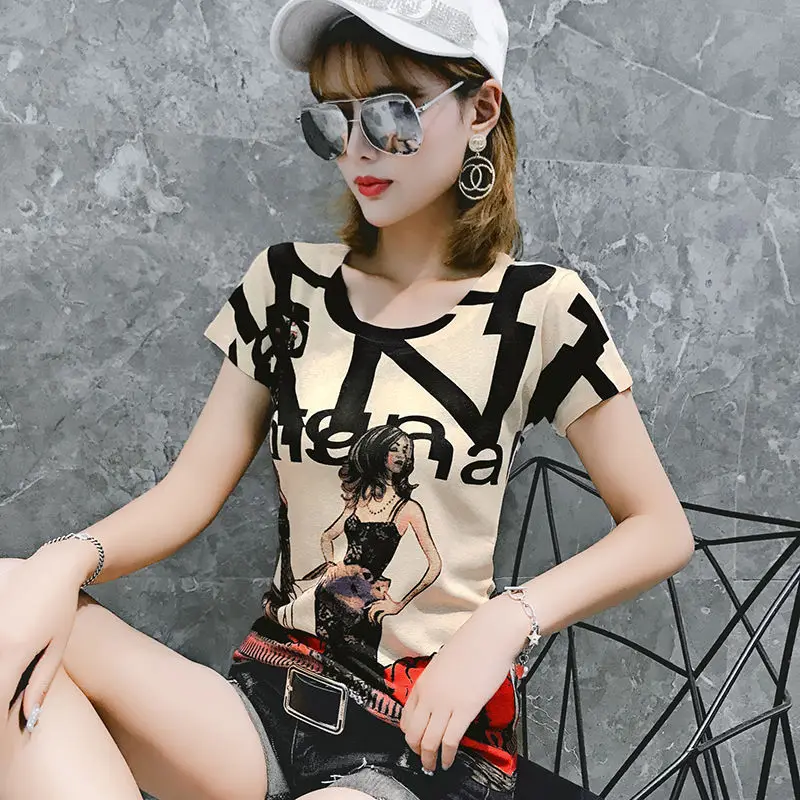 

2021 Summer Fashion New Personality Printing Round Neck Short Sleeve Slim-Fitting T-Shirt Women's Top Trendy H390