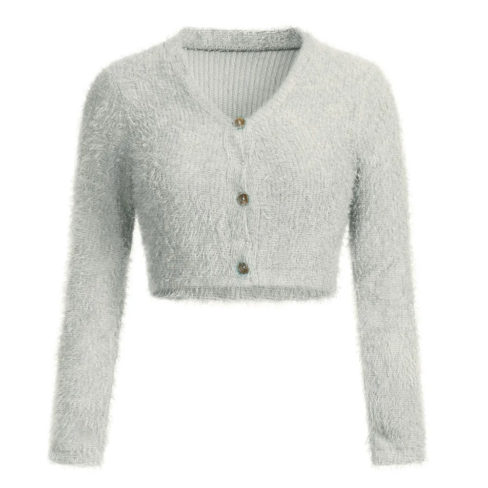 2019 Women Fashion V-neck Long Sleeve Furry Casual Sweater Crop Popular Tops Hot Sale Elegant Winter Warm Soft Sweaters | Спорт и