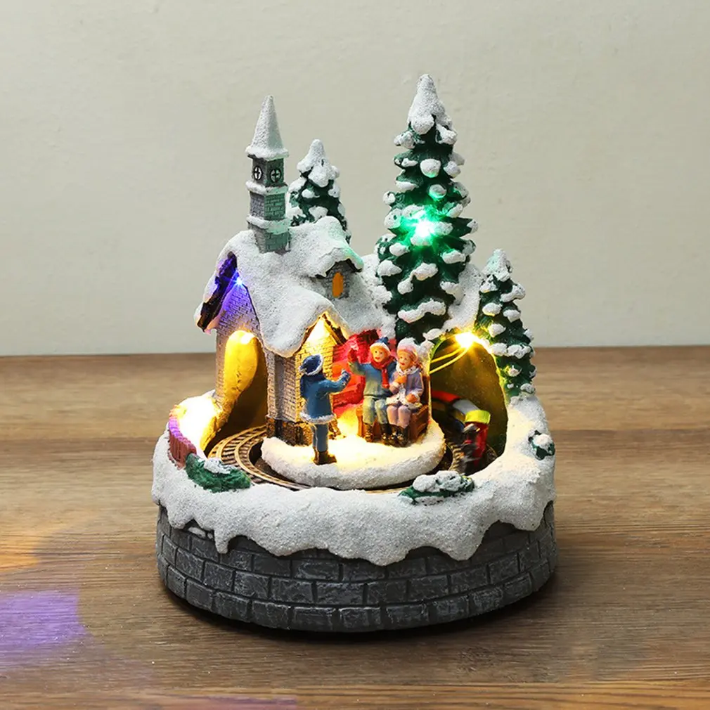 

Christmas House Village Scene Resin Ornament With LED Light Spinning Train Musical Animated Lighted Xmas Holiday Decoration
