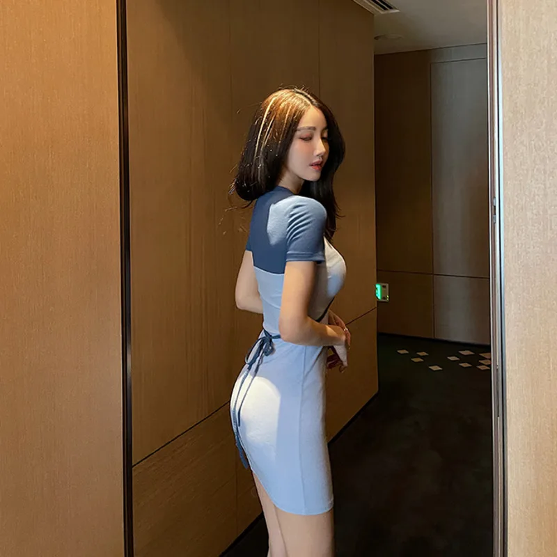 

WOMENGAGA Patchwork Contrast Bandage Sexy Dress Summer Fashion Crew Neck Hollow Out Short Sleeve Slim Mini Dresses Y09Q