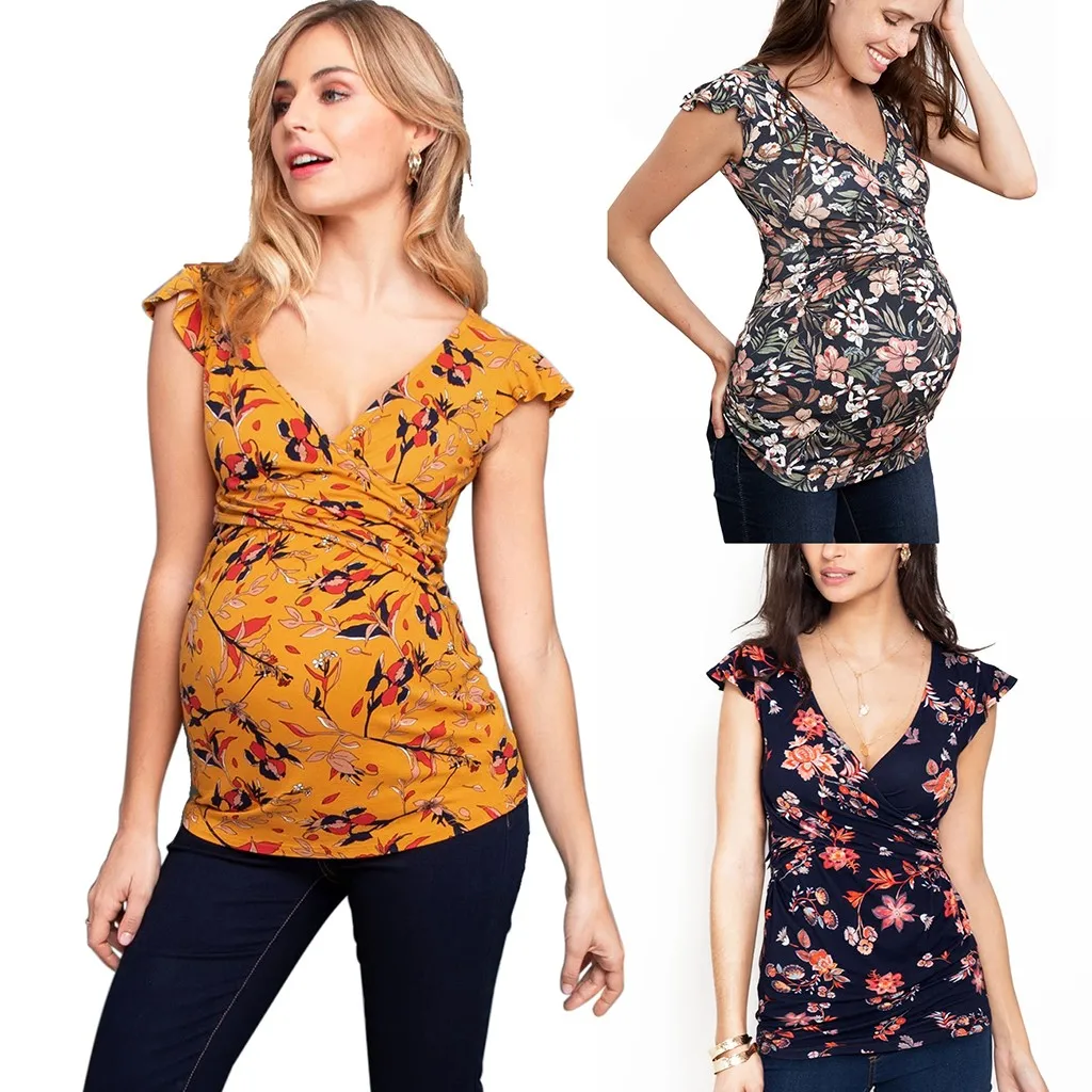

Floral Women Pregnant Nusring Blouse Maternity V-neck Long Sleeve Ruffles Printed Dot Tops Pregnant Women Breastfeeding Tees